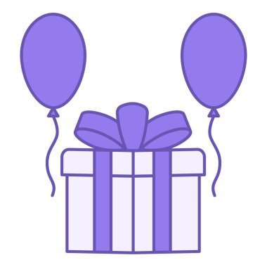 Renkli Simge Doğum Günü. Vektör Simgesi. Laptop, Fiyonklu Hediye ve Balonlar. Tatil ve Parti Konsepti