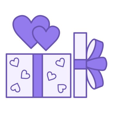 Renkli Aşk Hediyesi Simgesi. Vektör Simgesi. Yay ve Kalplerle Hediye Kutusu açıldı. Sevgililer Günü. Tatil Konsepti