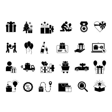 Siyah Hediye Simgesi Seti. Vector Icons Sürpriz, Unbox, Buy Hediye, Bonus, Şampanya, Hediye Teslimatı, Hediyeyi Gönder, Yeni Araba, Hediye Kartı, İndirim, Balonlar ve Daha Fazla