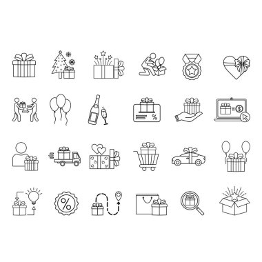 Hediye Simgesi Seti. Vector Icons Sürpriz, Unbox, Buy Hediye, Bonus, Şampanya, Hediye Teslimatı, Hediyeyi Gönder, Yeni Araba, Hediye Kartı, İndirim, Balonlar ve Daha Fazla