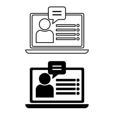 Danışman Simgeleri. Siyah ve Beyaz Vektör Simgeleri. Öğretmenlik öğrencileri çevrimiçi. Dizüstü bilgisayardaki video dersi. Çevrimiçi Eğitim Konsepti