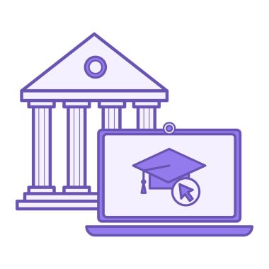 Çevrimiçi Akademi Renk Simgesi. Vektör Simgesi. Eğitim Kurumu Binası, Laptop ve Mezuniyet Şapkası. Uzaktan öğrenme, E-öğrenme. Çevrimiçi Eğitim Konsepti