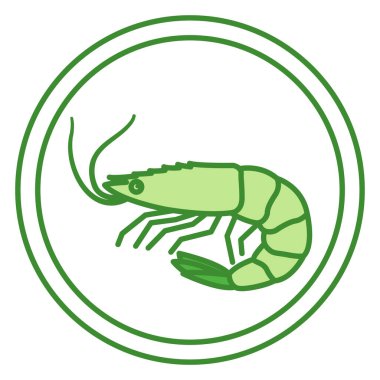 Yeşil Etiket Karidesi. Vektör Simgesi. Deniz ürünleri. Cat 'in Gıda Malzemeleri. Yiyecek Paketi Etiketi