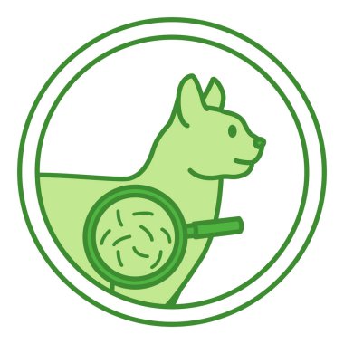 Yeşil Tüylü Top Kontrol Etiketi. Vektör Simgesi. Büyüteçteki Kedi ve Saç. Hayvan Bakımı Paketleme Etiketi