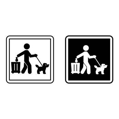 Lütfen köpek kakası tabelasının arkasını temizle. Siyah ve Beyaz Vektör Simgeleri. Uyarı işareti. Adam çöp tenekesine bir torba köpek dışkısı atıyor.