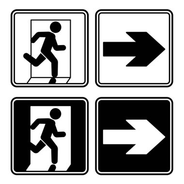 Acil çıkış işaretleri sağa işaret ediyor. Siyah ve Beyaz Vektör Simgeleri. Uyarı işareti. Kapıya doğru koşan adam. Acil Tahliye Sembolü