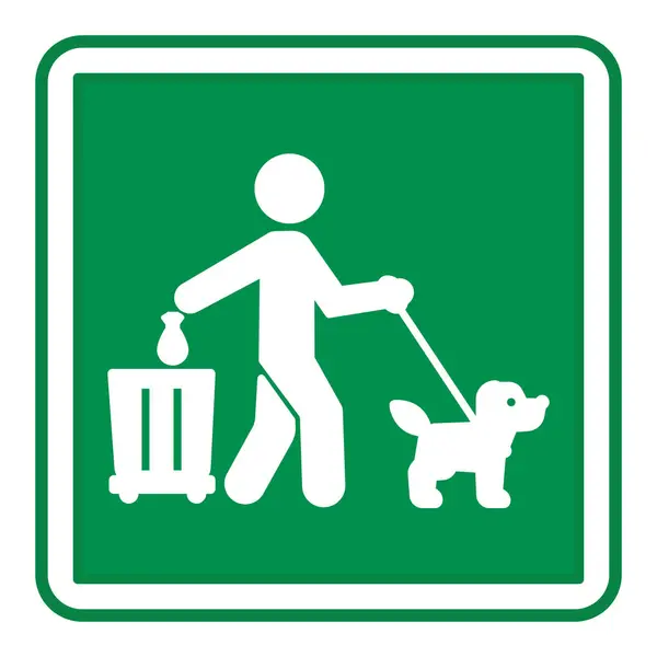 Yeşil İşaret, lütfen köpek kakanızın arkasını temizleyin. Vektör Simgesi. Uyarı işareti. Adam çöp tenekesine bir torba köpek dışkısı atıyor.