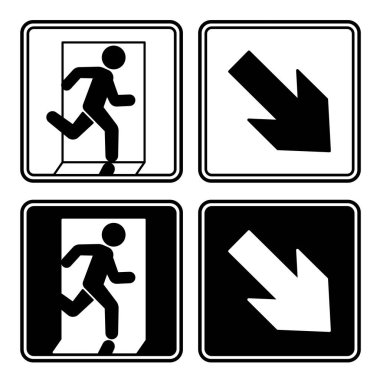 Acil çıkış işaretleri aşağı işaret ediyor. Siyah ve beyaz vektör simgeleri. Uyarı işareti. Adam kapıya doğru koşuyor. Acil tahliye sembolü