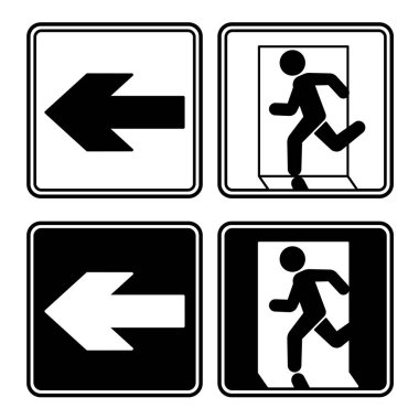 Acil çıkış işaretleri sol tarafı gösteriyor. Siyah ve beyaz vektör simgeleri. Uyarı işareti. Adam kapıya doğru koşuyor. Acil tahliye sembolü