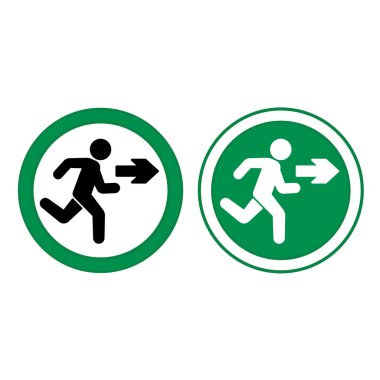 Yeşil İşaretler Çıkıyor. Vektör Simgeleri. Uyarı işareti. Çıkış Oku Arkasında Koşan Adam. Acil Tahliye Sembolü