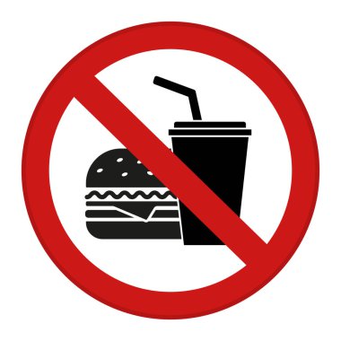 Kırmızı İşaret Yiyecek ve İçeceğe İzin Yok. Vektör Simgesi. İçki yasağı işareti. Pipetle hamburger ve içecek. Gıda Ürünleri Almayın. Fast Food Yasaklandı