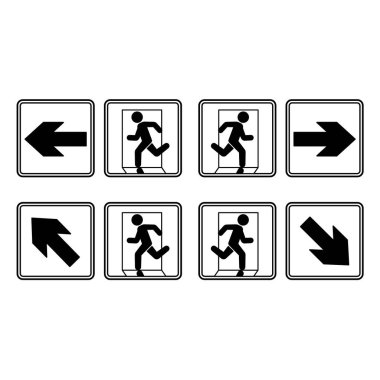 Acil çıkış işaretleri. Vektör Simgeleri. Adam sola, sağa, yukarı ve aşağı koşuyor. Uyarı İşareti, Acil Tahliye Sembolü