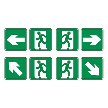 Yeşil Acil Çıkış İşaretleri. Vektör Simgeleri. Adam sola, sağa, yukarı ve aşağı koşuyor. Uyarı İşareti, Acil Tahliye Sembolü