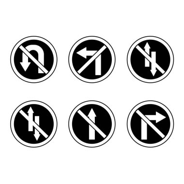 Kara oklar yol trafiğini gösteriyor. Yasak Yol İşaretleri. Vektör Simgeleri. U dönüşü yok, sola ve sağa dönüş yok, tek yönlü trafik yok ve giriş yok.