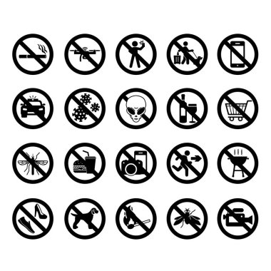 Yasak Kamu İşaretleri. Vektör Simgeleri. Çıkartma seti. Selfie, Sigara, Dronlar, Telefonlar, Mangal, Köpek Yürüyüşü, Ayakkabılar, Uzaylılar ve Daha Fazla Giymek Yok