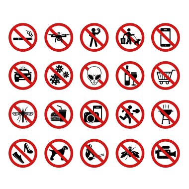 Kırmızı Yasak Kamu İşaretleri. Vektör Simgeleri. Çıkartma seti. Selfie, Sigara, Dronlar, Telefonlar, Mangal, Köpek Yürüyüşü, Ayakkabılar, Uzaylılar ve Daha Fazla Giymek Yok