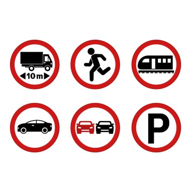 Kırmızı Yasak Yol İşaretleri. Vektör Simgeleri. Uzunluk Sınırı ve Demiryolu Geçidi. Park yok, sollama yok, araba hareketi yok, durdurma yok.
