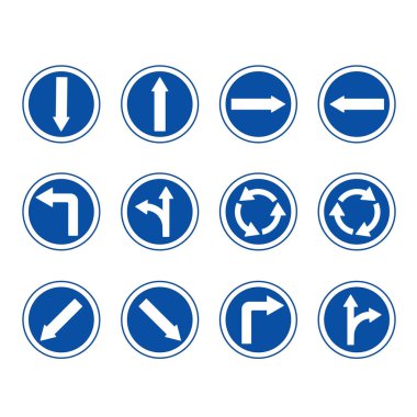 Mavi oklar trafiği gösteriyor. Yuvarlak İşaretler Vektör Simgeleri. Geri, ileri, sağ ve sol oklar. Düz ya da sağ, düz ya da sol. Döner kavşak. Sol veya Sağ 'ı koru