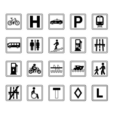 Kare Yol İşaretleri Vektör Simgeleri. Otopark, Tren İstasyonu, Hastane, Tuvalet, Otobüs Durağı, Metro, Havuz, İskele, Engelli Otoparkı ve Daha Fazla