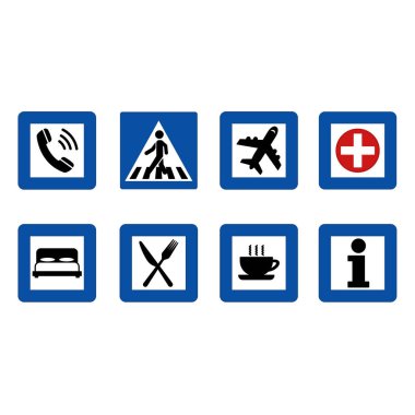 Blue Square Yolu İşaretleri. Vektör Simgeleri. Telefon, yaya geçidi, havaalanı, ilk yardım. Otel, Restoran, Otoyol Lokantası ve Bilgi