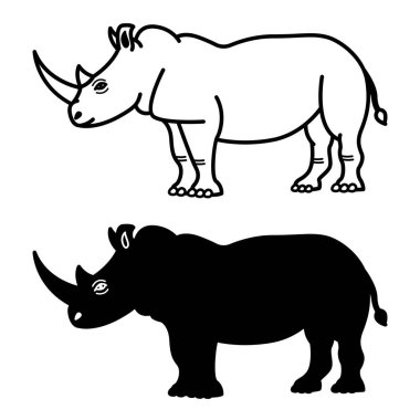 Gergedan İkonları. Siyah ve Beyaz Vektör İllüzyonu. Büyük memeli hayvan. Koca Gövdeli Gergedan, Kalın Kollu ve Ağızlıklı Boynuz. Boyama kitabı tasarımı için. Hayvan Konsepti