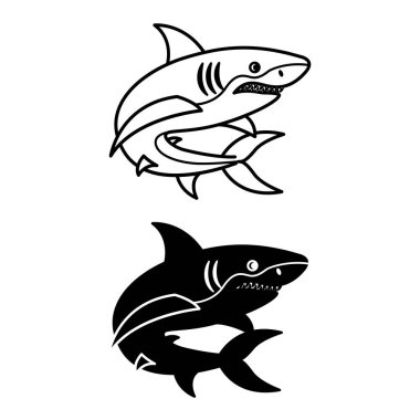Köpekbalığı Simgeleri. Siyah ve Beyaz Vektör İllüzyonu. Memeli, Balık. Dişli Tehlikeli Köpekbalığı. Boyama kitabı tasarımı için. Deniz Hayvanları Konsepti