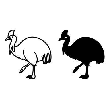 Cassowary Icons. Black and White Vector Illustrations. Flightless Large Tropical Bird. Cassowary with Long Legs, Feathers, Beak, and Crest on Head. For Coloring Book Design. Animal Concept clipart