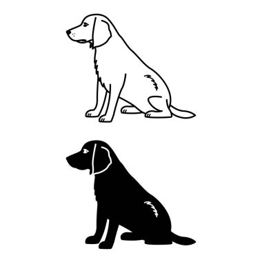 Köpek Simgeleri. Siyah ve Beyaz Vektör İllüzyonu. Memeli. Oturan Şirin Köpek. Boyama kitabı tasarımı için. Evcil Hayvan Konsepti