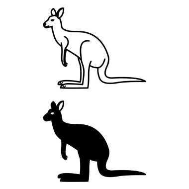 Kanguru Simgeleri. Siyah ve Beyaz Vektör İllüzyonu. Keseli Memeliler, Büyük Kuyruklu Komik Kangurular, Güçlü Hind Legs ve Küçük Forepaws. Boyama kitabı tasarımı için. Hayvan Konsepti