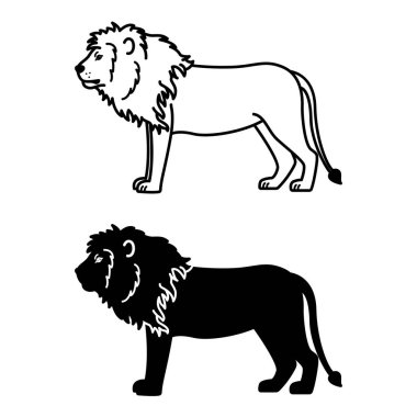 Aslan Simgeleri. Siyah ve Beyaz Vektör Resimleri. Etçil memeli, vahşi kedi. Big Mane ve Uzun Kuyruklu Aslan. Boyama kitabı tasarımı için. Hayvanlar Konsepti