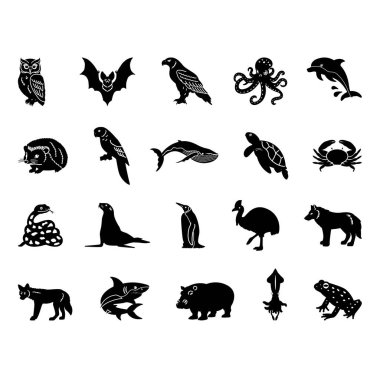 Siyah Hayvan Simgeleri. Baykuş, Yarasa, Kartal, Ahtapot, Yunus, Kirpi, Papağan, Balina, Kaplumbağa, Yengeç, Yılan, Penguen, Cassowary, Kurt, Köpekbalığı ve Diğerlerinin Vektör Resimleri