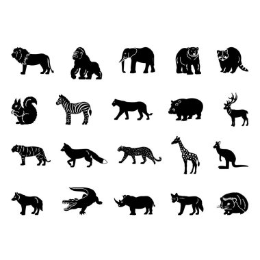 Vahşi Hayvanlar Siyah Simgeler. Aslan, Goril, Fil, Ayı, Geyik, Sincap, Zebra, Kaplan, Leopar, Zürafa, Rakun, Tilki, Kurt, Gergedan ve Diğerlerinin Vektör Resimleri