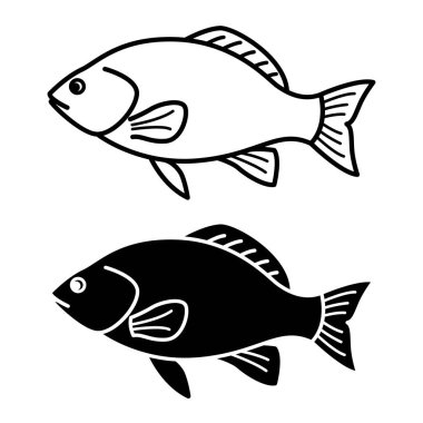 Balık Simgeleri. Siyah ve Beyaz Vektör Resimleri. Tarım, tarım. Boyama kitabı tasarımı için. Evcil Hayvan Konsepti