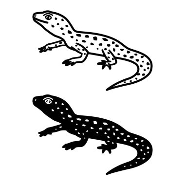 Gecko Simgeleri. Siyah ve Beyaz Vektör İllüzyonu. Küçük Kertenkele. Evcil Hayvan. Boyama kitabı tasarımı için. Hayvan Konsepti