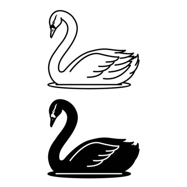 Kuğu Simgeleri. Siyah ve Beyaz Vektör İllüzyonu. Güzel su kuşu. Tarım, tarım. Boyama kitabı tasarımı için. Evcil Hayvanlar Konsepti