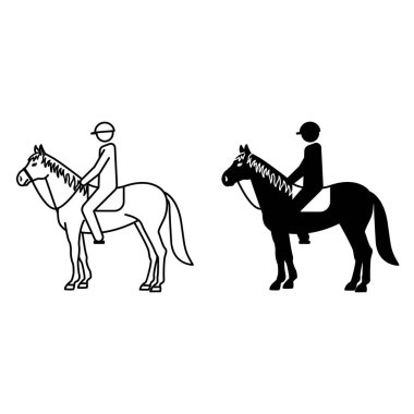 At Sürücüsü Simgeleri. Siyah ve Beyaz Vektör İllüzyonu. Kros Kros Pistinde Jokeyle Yarış Atı