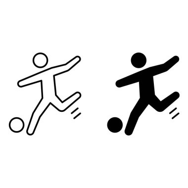 Futbol ikonu. Siyah ve Beyaz Vektör İllüzyonu. Futbolcu futbol topunu tekmeliyor. Spor Konsepti