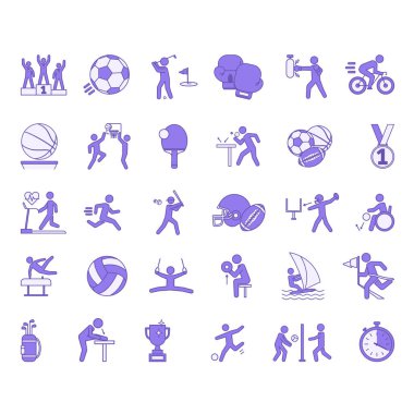 Renkli Spor Simgesi Seti. Vector Icons of Football, Basketball, Voleyball, Table Tennis, Boxing, Baseball, Golf, Parasports, Water Sports, American Football ve More