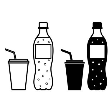 Soda Simgeleri. Siyah ve Beyaz Vektör İllüzyonu. Karbonatlı içecek ve pipetli plastik kupa. Karbonatlı meşrubat. Fast Food Konsepti