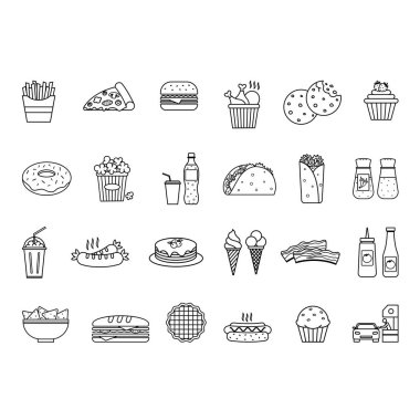 Fast Food Simgeleri Ayarlandı. Vector Icons Burger, Pizza, Hot Dog, French Fries, Sandviç, Cupcake, Soda, Sosis, Kızarmış Tavuk, Patlamış Mısır, Burrito, Nachos, Dondurma ve More