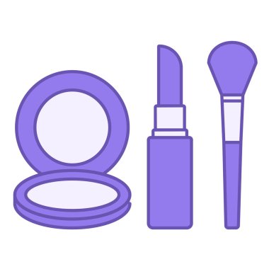 Renkli Makyaj Simgesi. Vektör İllüstrasyonu. Pudra, ruj ve fırça. Aksesuarlar, kozmetik eşyalar. Moda Konsepti