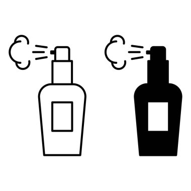 Parfüm Simgeleri. Siyah ve Beyaz Vektör İllüzyonu. Dispenser 'lı parfüm şişesi. Aroma spreyi, Kozmetik. Moda Konsepti