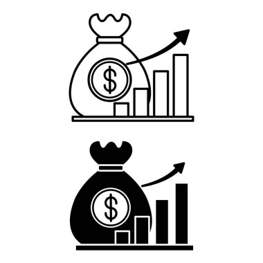Kazanç Simgeleri. Siyah ve Beyaz Vektör Resimleri. Para Torbası ve Kâr Büyüme Çizelgesi. Borsa Konsepti