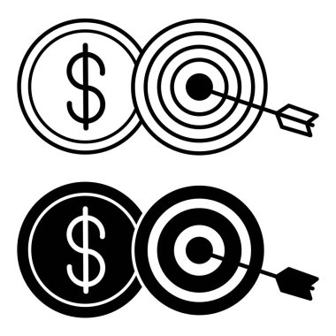 Mali Hedefler Simgeleri. Siyah ve Beyaz Vektör Resimleri. Arrow in Target and Dollar Coin. Borsa Konsepti