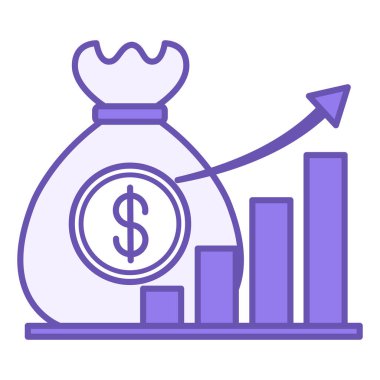 Renkli Kazanç Simgesi. Vektör İllüstrasyonu. Para Torbası ve Kâr Büyüme Çizelgesi. Borsa Konsepti