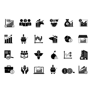 Kara borsa simgesi seti. Vektör Simgeleri Alır, Sat, Borsa, Boğa Piyasası, Ayı Piyasası, Yatırımcı, Bölünmeler, Kâr, Şamdan Çizelgesi, Kampanya, Kapitalizasyon ve Daha Fazla