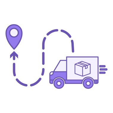 Renkli Nakliye Simgesi. Vektör İllüstrasyonu. Kamyon, Coğrafi Konum Tarafından Belirlenen Malları Taşır. Teslimat servisi. Lojistik Konsepti