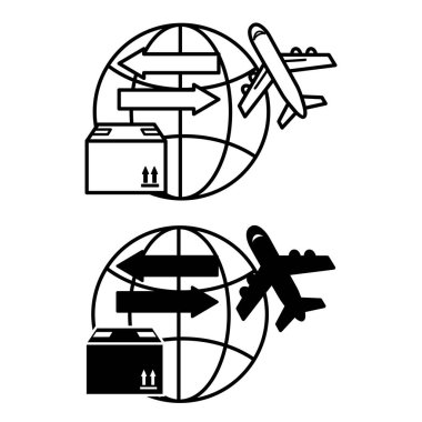 Simgeleri İçeriye ve Dışarıya Aktar. Siyah ve Beyaz Vektör Resimleri. Globe, Uçan Uçak ve Malzemeli Paket. Uluslararası Teslimat Servisi. Lojistik Konsepti