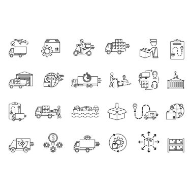 Lojistik Simgesi Ayarlandı. Vektör Simgesi Teslimatı, Gümrük Temizliği, Envanter, Yükleme, Dağıtım, Paketleme, Depo, İthalat, İhracat, Ulaşım, Planlama, Kargo ve diğerleri