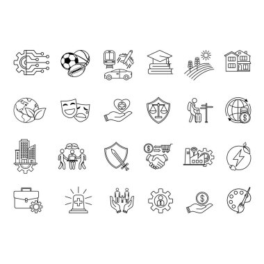 Toplum sektörü simgesi seti. Vektör Simgeleri Teknolojisi, Spor, Ulaştırma, Eğitim, Tarım, Konut, Çevre, Sanat, Sağlık, Adalet, Turizm, Ekonomi ve Daha Fazla